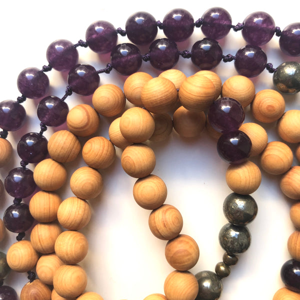Jade Mala Beads, Pyrite Yoga Necklace, Sandalwood, Crown Chakra, Prayer Beads, 108 beads