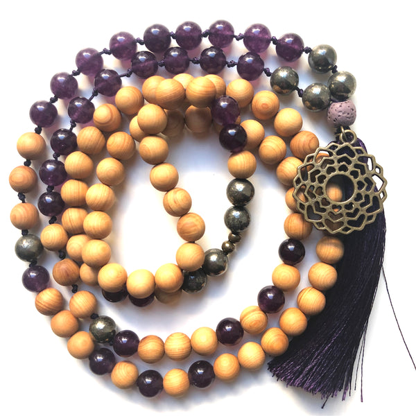 Jade Mala Beads, Pyrite Yoga Necklace, Sandalwood, Crown Chakra, Prayer Beads, 108 beads