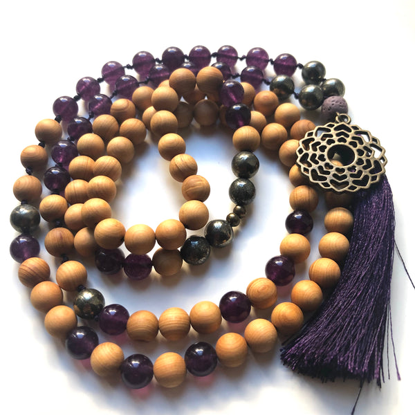 Jade Mala Beads, Pyrite Yoga Necklace, Sandalwood, Crown Chakra, Prayer Beads, 108 beads