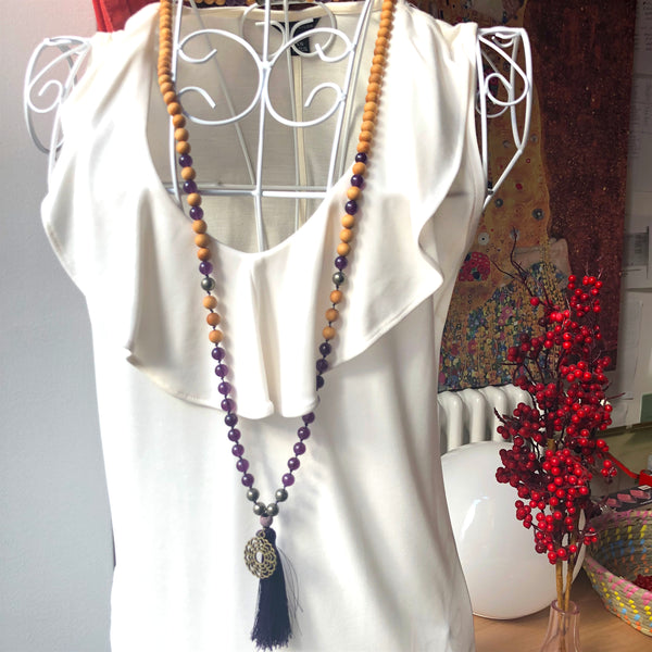 Jade Mala Beads, Pyrite Yoga Necklace, Sandalwood, Crown Chakra, Prayer Beads, 108 beads