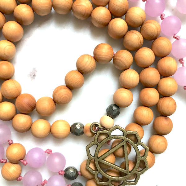 Aria Mala Atelier's unique one-of-a-kind Jade, Pyrite, Sandalwood gemstone meditation japa mala with Solar Plexus (Third Chakra) is for yoga meditation empowering spiritual daily practise and intention setting