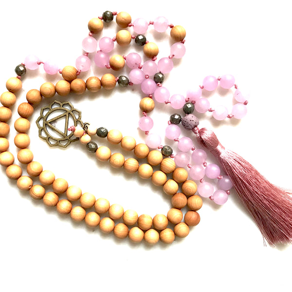 Aria Mala Atelier's unique one-of-a-kind Jade, Pyrite, Sandalwood gemstone meditation japa mala with Solar Plexus (Third Chakra) is for yoga meditation empowering spiritual daily practise and intention setting