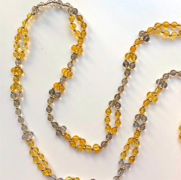 Tantric Mala Necklace: Citrine, Smoky Quartz 6 mm.