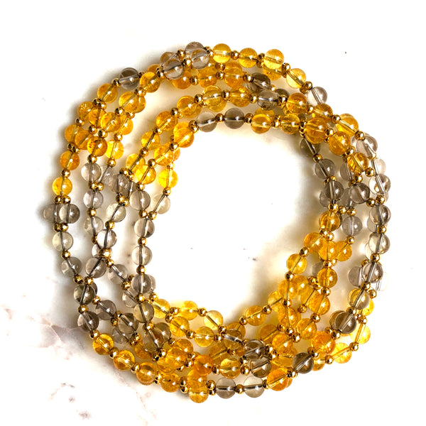 Tantric Mala Necklace: Citrine, Smoky Quartz 6 mm.