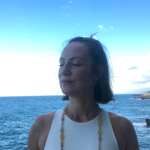 Tantric Mala Necklace: Citrine, Smoky Quartz 6 mm.