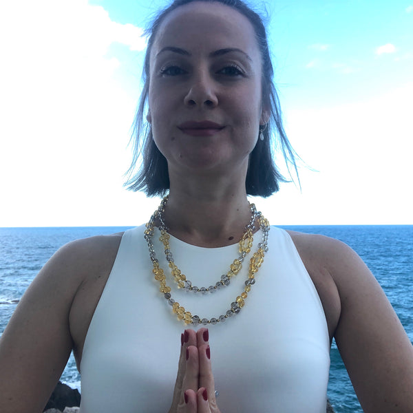 Tantric Mala Necklace: Citrine, Smoky Quartz 6 mm.
