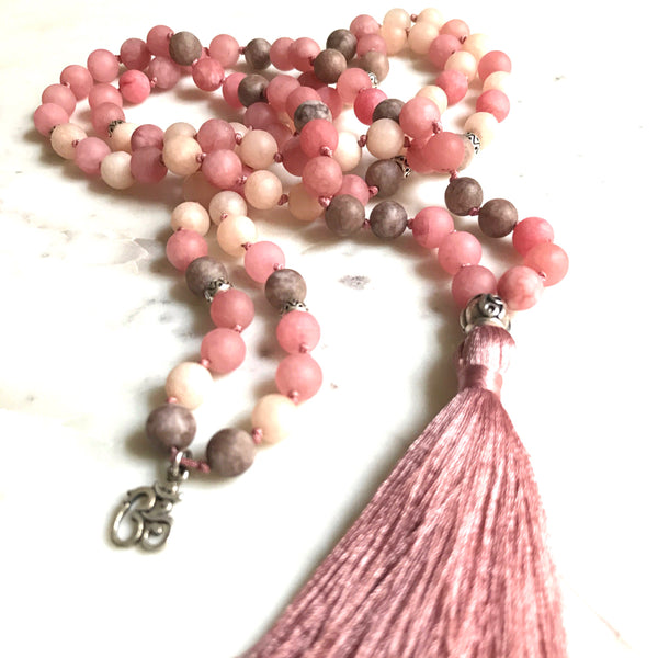 Aria Mala Atelier's unique one-of-a-kind mat jade gemstone meditation japa mala with Silver Charm OM and Yin&Yang Gurubead is for yoga meditation empowering spiritual daily practise and intention setting