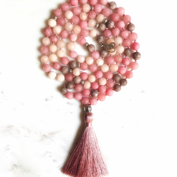 Aria Mala Atelier's unique one-of-a-kind mat jade gemstone meditation japa mala with Silver Charm OM and Yin&Yang Gurubead is for yoga meditation empowering spiritual daily practise and intention setting