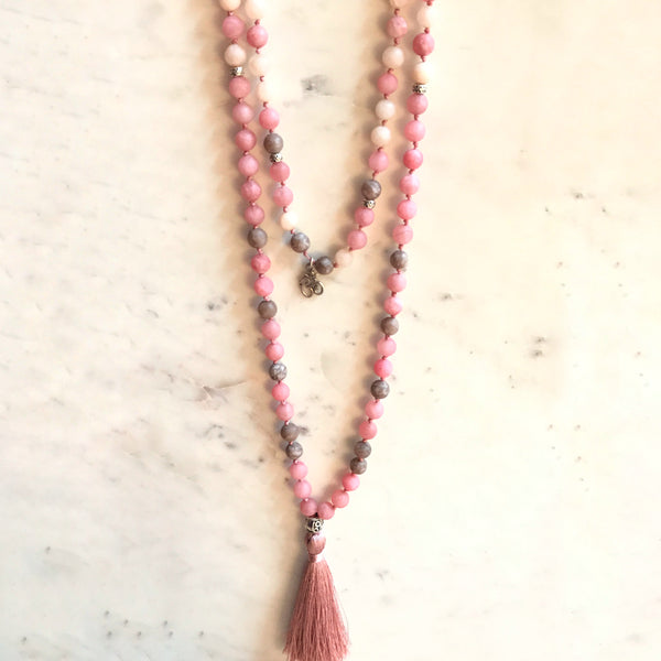 Aria Mala Atelier's unique one-of-a-kind mat jade gemstone meditation japa mala with Silver Charm OM and Yin&Yang Gurubead is for yoga meditation empowering spiritual daily practise and intention setting