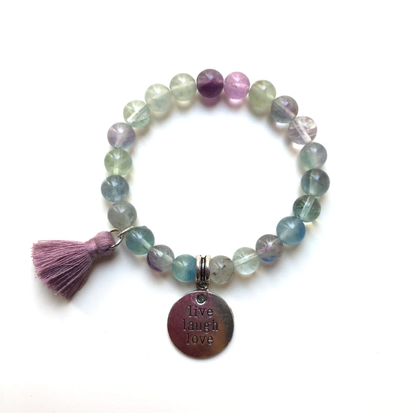 Fluorite Mala Bracelet, Wrist Mala Beads, Live Laugh Love, Yoga Bracelet, Yoga Armband