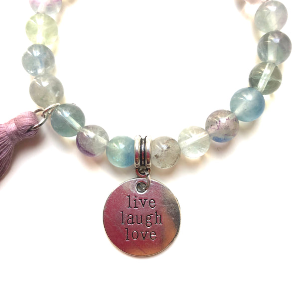 Fluorite Mala Bracelet, Wrist Mala Beads, Live Laugh Love, Yoga Bracelet, Yoga Armband