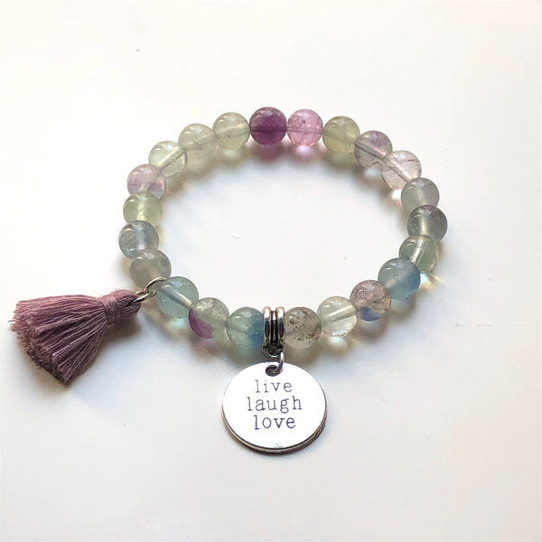 Fluorite Mala Bracelet, Wrist Mala Beads, Live Laugh Love, Yoga Bracelet, Yoga Armband