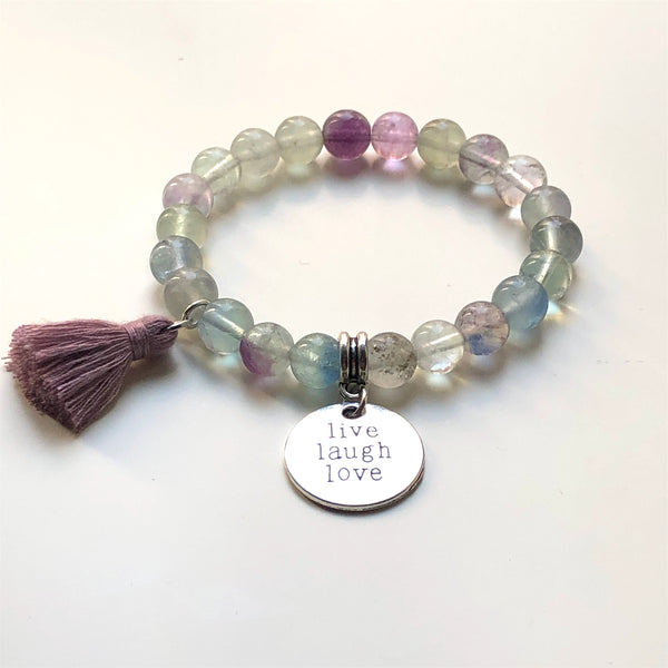 Fluorite Mala Bracelet, Wrist Mala Beads, Live Laugh Love, Yoga Bracelet, Yoga Armband
