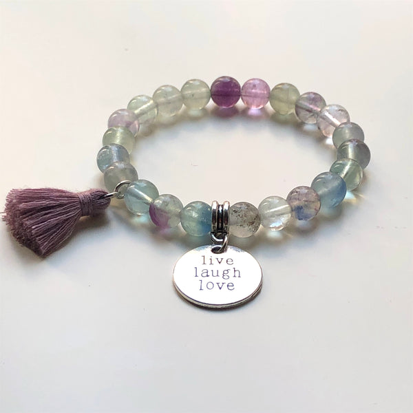 Fluorite Mala Bracelet, Wrist Mala Beads, Live Laugh Love, Yoga Bracelet, Yoga Armband