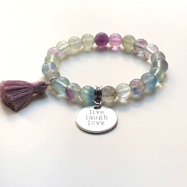 Fluorite Mala Bracelet, Wrist Mala Beads, Live Laugh Love, Yoga Bracelet, Yoga Armband