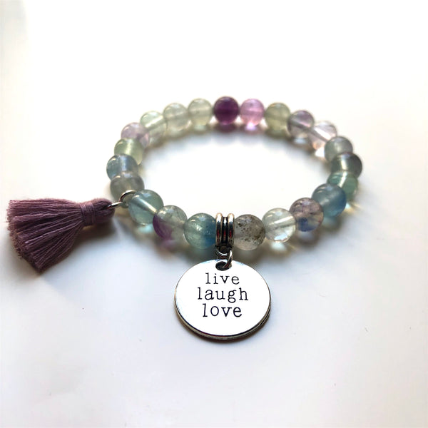 Fluorite Mala Bracelet, Wrist Mala Beads, Live Laugh Love, Yoga Bracelet, Yoga Armband