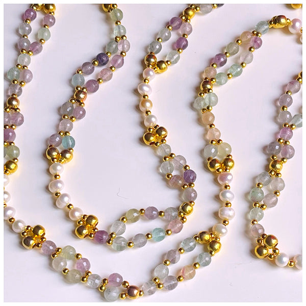 Tantric Mala Necklace: Fluorite, Pearl, Gold 6 mm