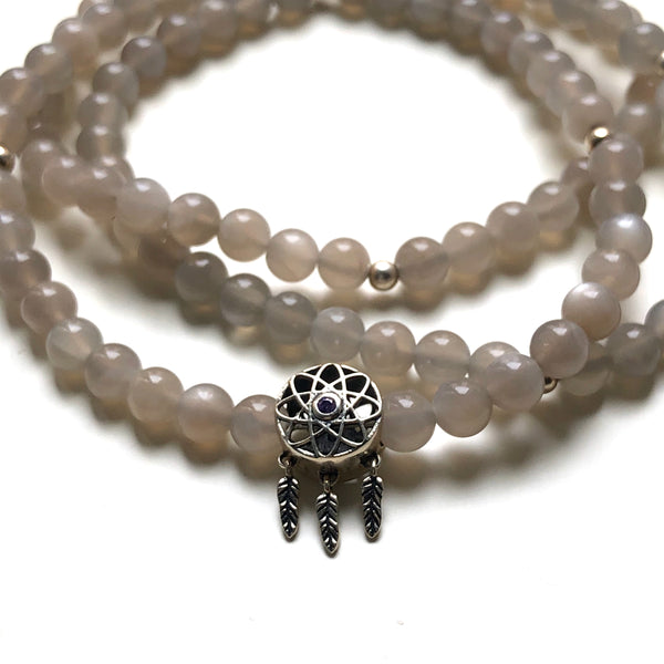 Gray Moonstone Beads, 108 Mala, Mala Necklace, Silver Dream Catcher Charm