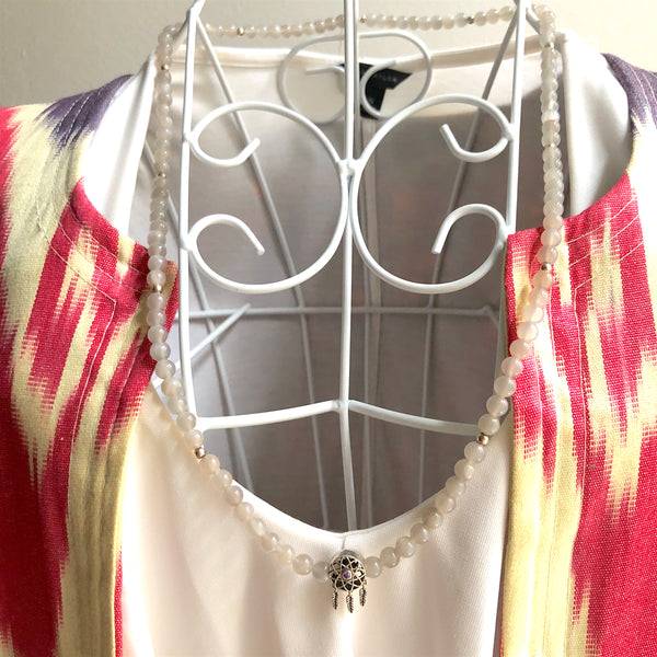 Gray Moonstone Beads, 108 Mala, Mala Necklace, Silver Dream Catcher Charm