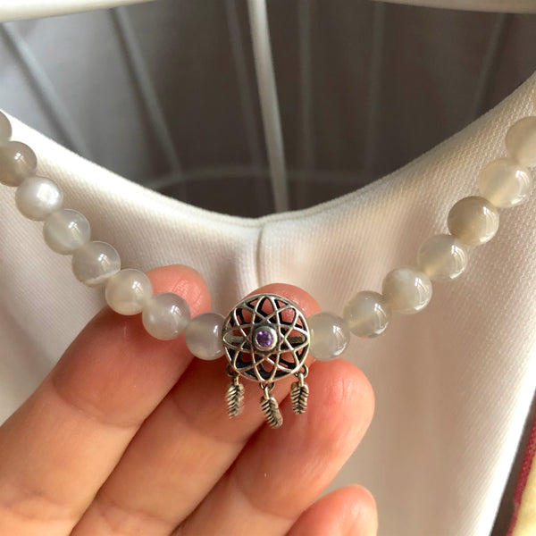 Gray Moonstone Beads, 108 Mala, Mala Necklace, Silver Dream Catcher Charm