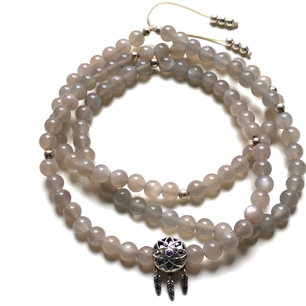 Gray Moonstone Beads, 108 Mala, Mala Necklace, Silver Dream Catcher Charm