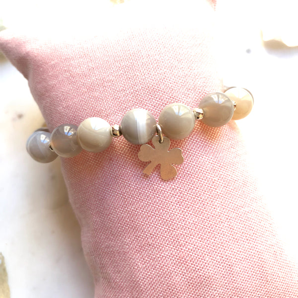 Bija (Source) Balancing Grey Agate with Sterling Silver Clover Charm Yoga Bracelet