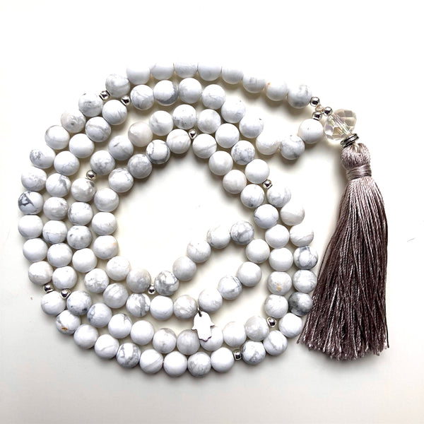 Howlite Mala Beads, Hamsa Charm, Yoga Necklace, Yoga Schmuck, 108 Mala