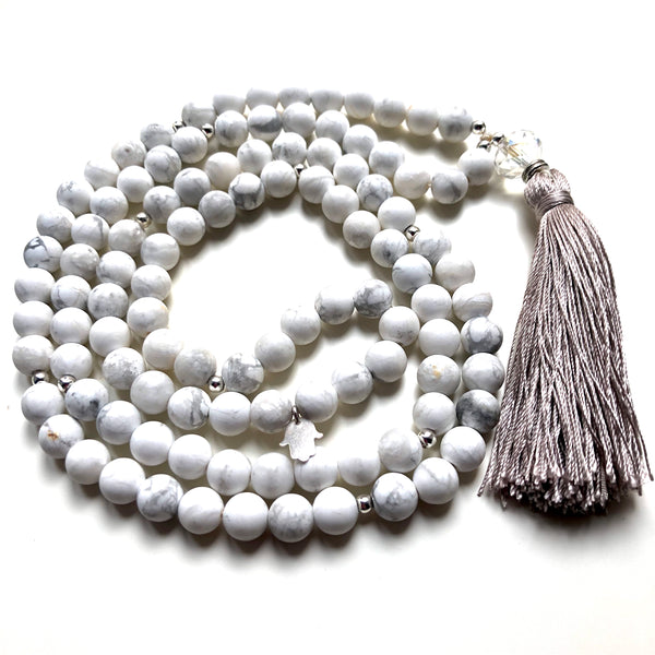 Howlite Mala Beads, Hamsa Charm, Yoga Necklace, Yoga Schmuck, 108 Mala
