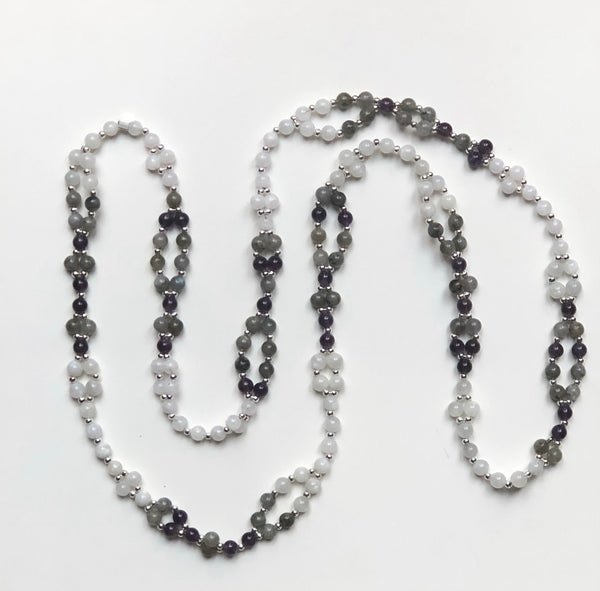 Tantric Mala Necklace: Amethyst, Labradorite, White Moonstone 6 mm.