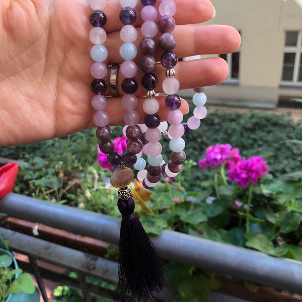 Aria Mala Atelier's unique one-of-a-kind Aquamarine, Quartz, Amethyst, Lepidolite, Jade gemstone meditation japa mala with silver mandala charm is for yoga meditation empowering spiritual daily practise and intention setting
