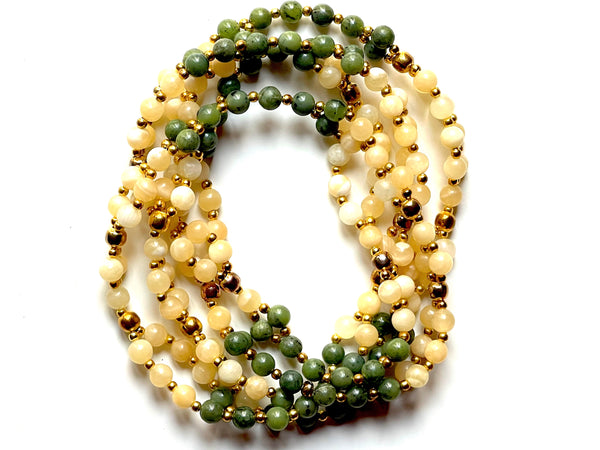 Tantric Mala Necklace: Jade, Calcite, Gold Beads 6 mm