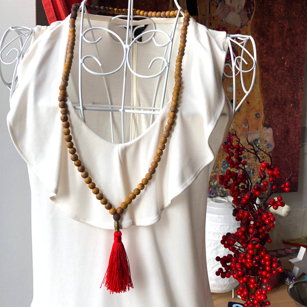 Jasper Mala Beads, Lavastone Yoga Necklace, 108 Beads Mala, Red Tassel, Brown Mala