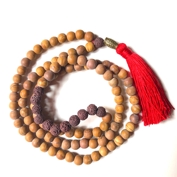 Jasper Mala Beads, Lavastone Yoga Necklace, 108 Beads Mala, Red Tassel, Brown Mala