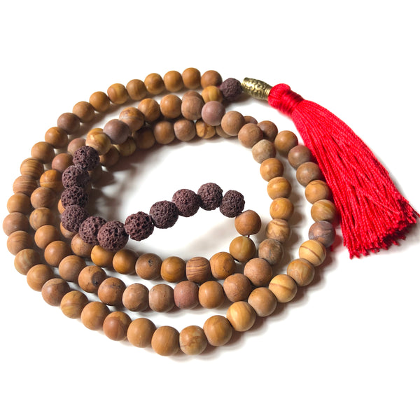 Jasper Mala Beads, Lavastone Yoga Necklace, 108 Beads Mala, Red Tassel, Brown Mala