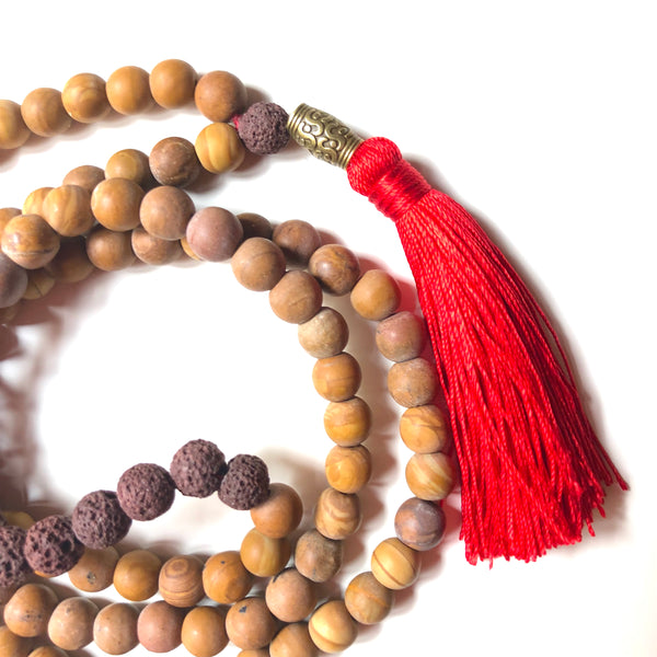 Jasper Mala Beads, Lavastone Yoga Necklace, 108 Beads Mala, Red Tassel, Brown Mala