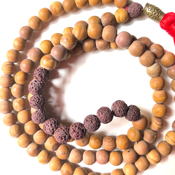 Jasper Mala Beads, Lavastone Yoga Necklace, 108 Beads Mala, Red Tassel, Brown Mala