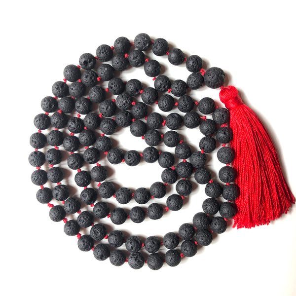 Black Lavastone Mala Beads, Knotted Yoga Necklace, 108 Beads Mala, Red Tassel