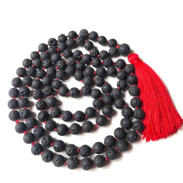 Black Lavastone Mala Beads, Knotted Yoga Necklace, 108 Beads Mala, Red Tassel