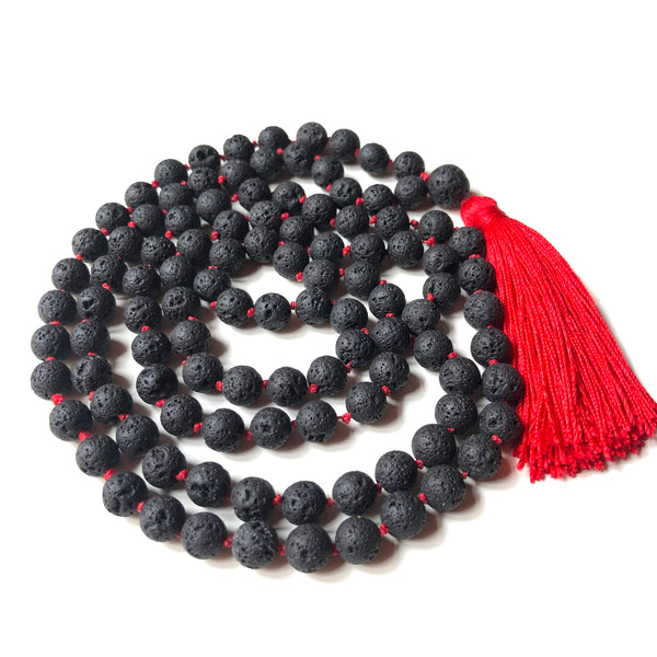 Black Lavastone Mala Beads, Knotted Yoga Necklace, 108 Beads Mala, Red Tassel