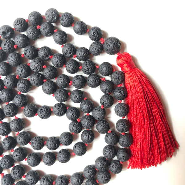 Black Lavastone Mala Beads, Knotted Yoga Necklace, 108 Beads Mala, Red Tassel