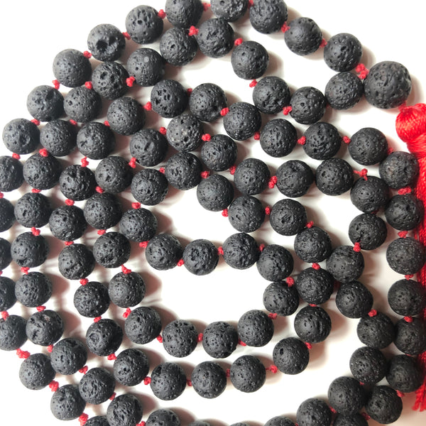 Black Lavastone Mala Beads, Knotted Yoga Necklace, 108 Beads Mala, Red Tassel