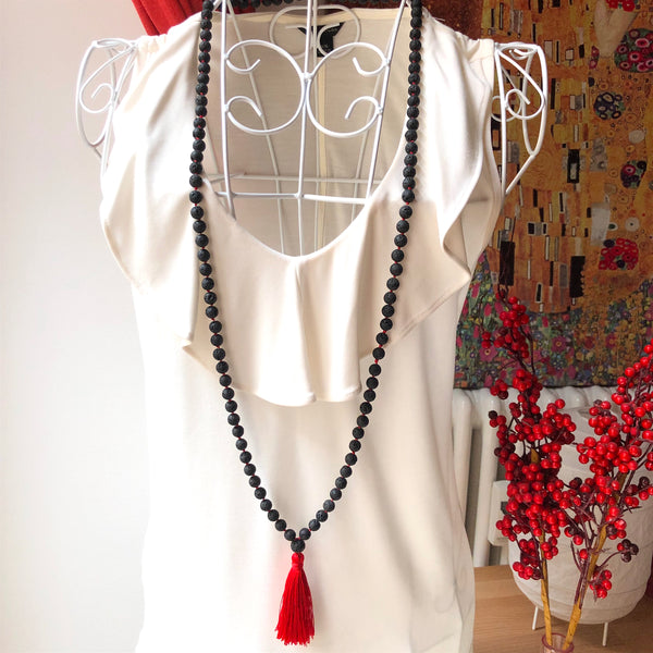 Black Lavastone Mala Beads, Knotted Yoga Necklace, 108 Beads Mala, Red Tassel