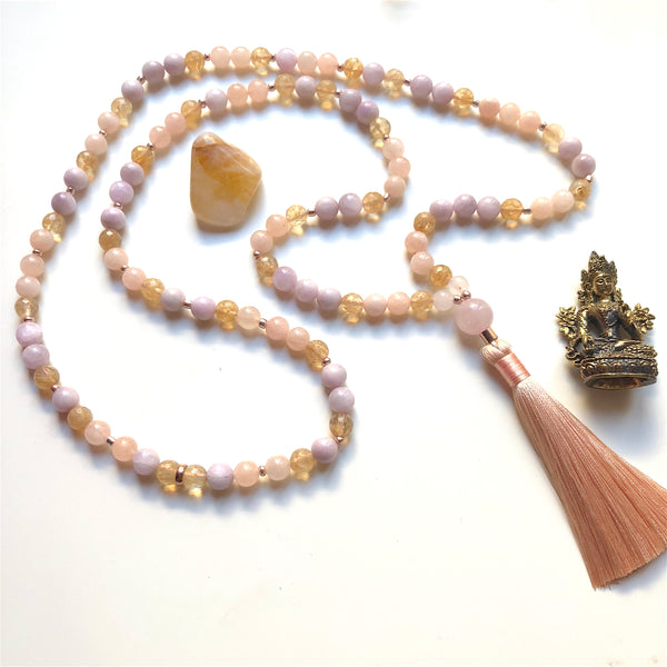 Aria Mala Atelier's unique one-of-a-kind Kunzite,morganite, citrine gemstone meditation japa mala with rose quartz guru bead is for yoga meditation empowering spiritual daily practise and intention setting
