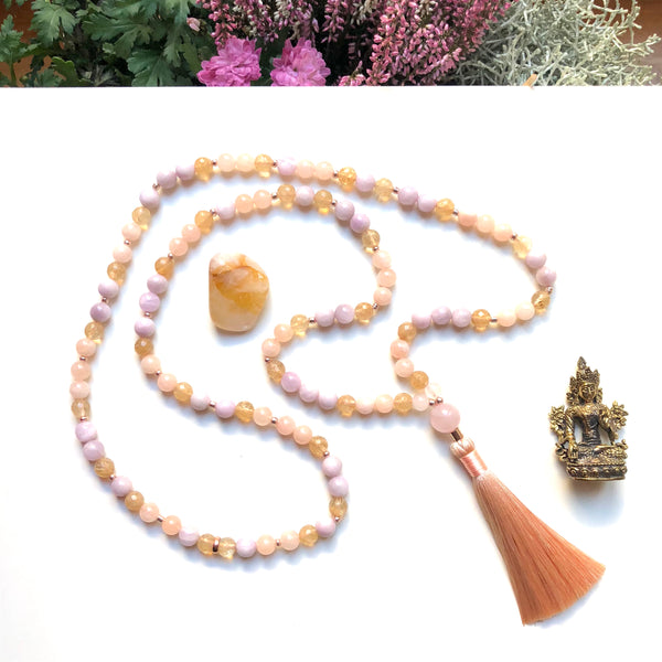 Aria Mala Atelier's unique one-of-a-kind Kunzite,morganite, citrine gemstone meditation japa mala with rose quartz guru bead is for yoga meditation empowering spiritual daily practise and intention setting