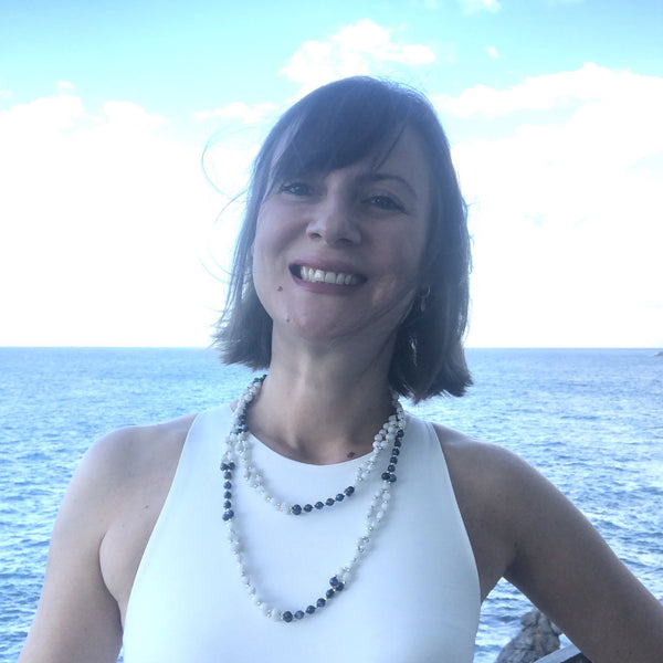 Tantric Mala Necklace: White Moonstone, Kyanite 6 mm.