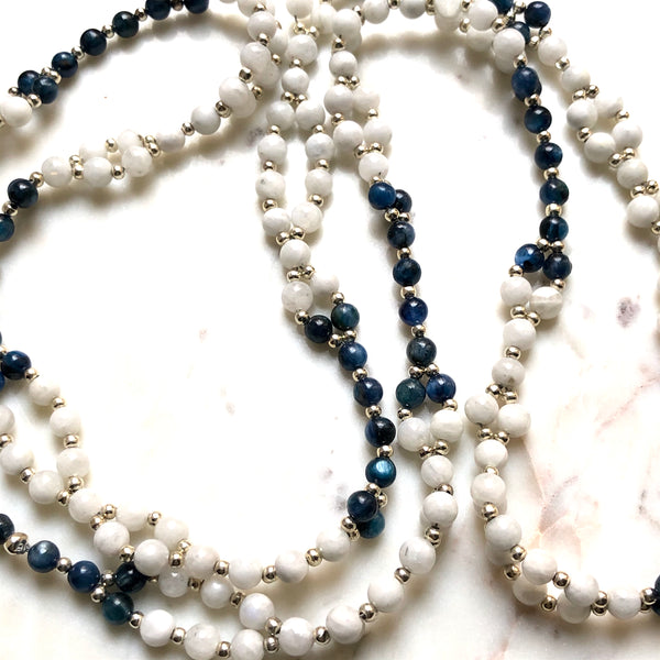 Tantric Mala Necklace: White Moonstone, Kyanite 6 mm.