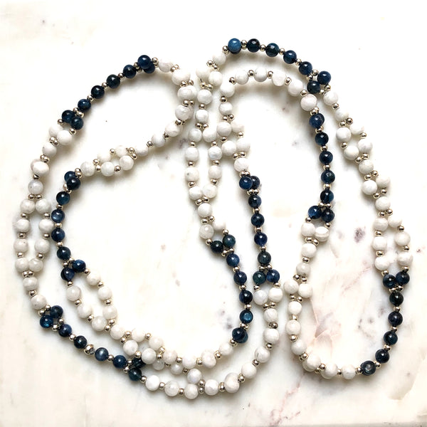 Tantric Mala Necklace: White Moonstone, Kyanite 6 mm.