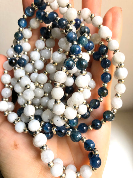 Tantric Mala Necklace: White Moonstone, Kyanite 6 mm.