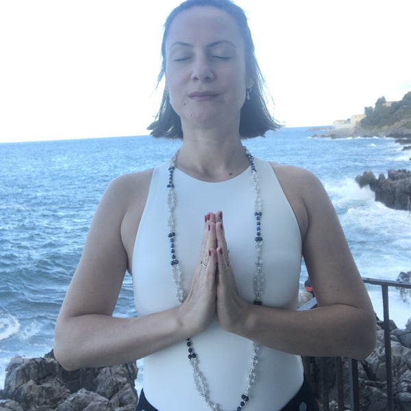 Tantric Mala Necklace: White Moonstone, Kyanite 6 mm.