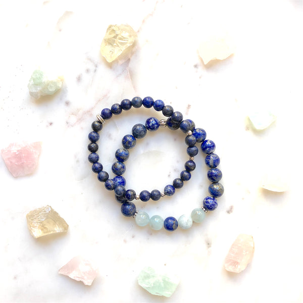Aria Mala Atelier's unique one-of-a-kind Lapis Lazuli, Aquamarine sterling silver  charm yoga bracelet for spiritual living